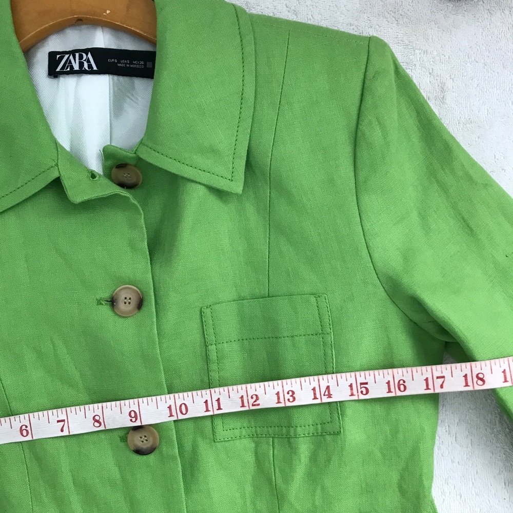 ZARA 100% LINEN SAFARI BLAZER JACKET LIME GREEN BUTTON WOMEMS SMALL - Picture 9 of 10